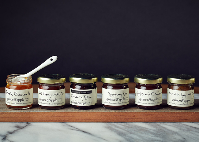This is a picture of the Quince & Apple Six-Preserves Set from Fromagination.