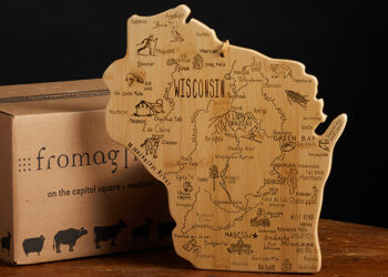 This is a picture of a Wisconsin Destinations Cheese Board, offered by Fromagination.