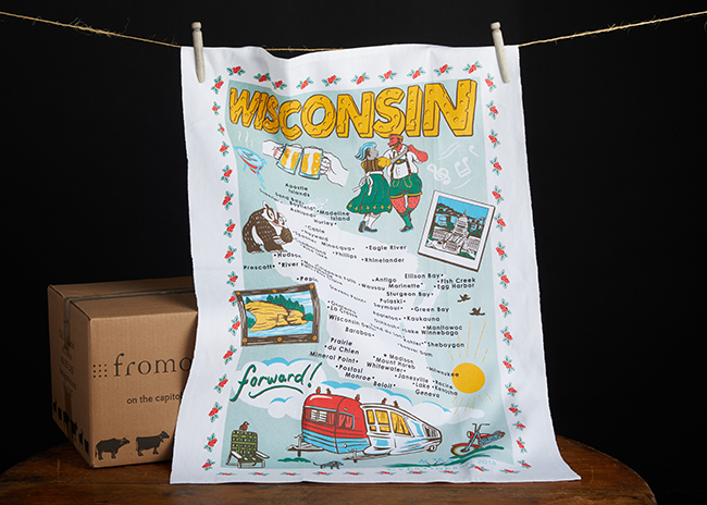 This is a picture of a Wisconsin Travels Towel, offered by Fromagination.