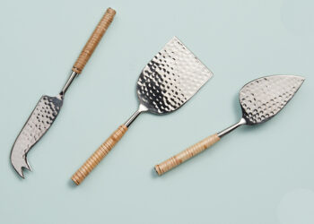 This is a picture of Hammered Stainless Cheese Utensils, offered by Fromagination.