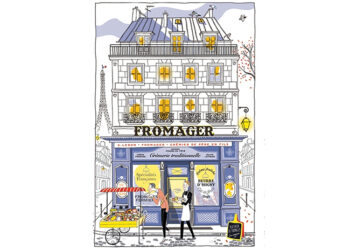 This is a picture of a French Cheese Shop Tea Towel, offered by Fromagination.