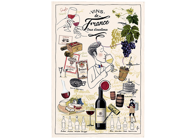 This is a picture of a Vins de France tea towel, offered by Fromagination.