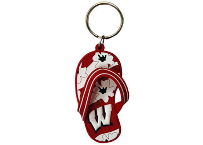 This is a picture of a Wisconsin Badgers Flip Flop Keychain, offered by Fromagination.