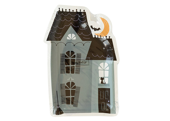 This is a picture of haunted house paper plates, offered by Fromagination.
